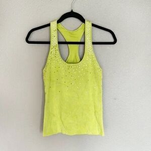 Y2K Halter Tank Top Sleeveless Fluorescent Green Built In Bra Rhinestone Tank